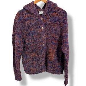 Vintage Chand Elle Fuzzy Hooded Cardigan Purple Rust Marled Wool Blend M